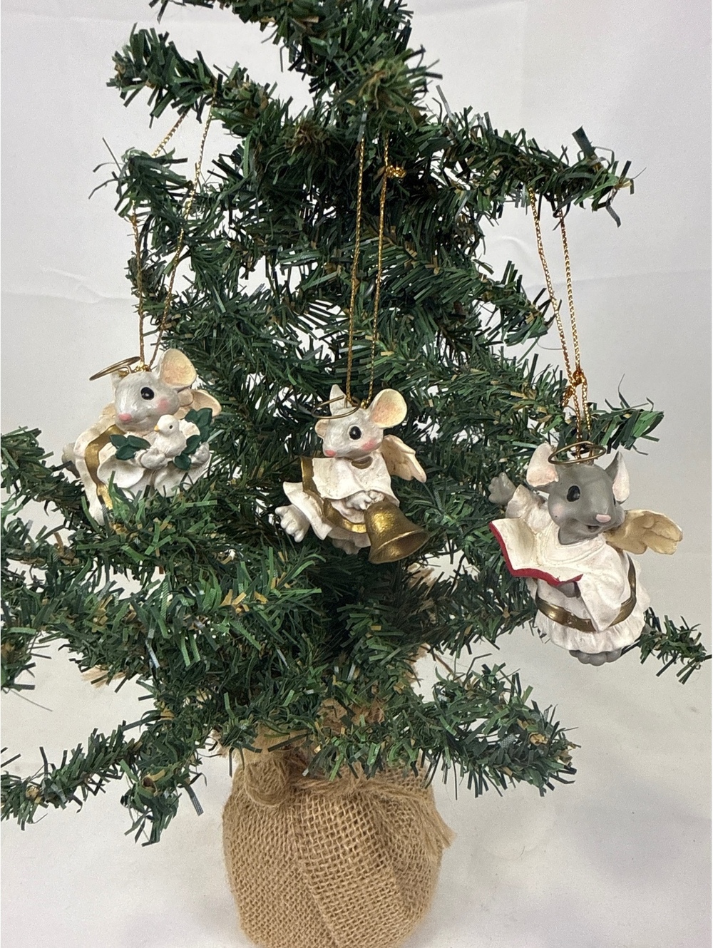 Set of 3 Vintage Mouse Angel Christmas Ornaments with Gold Accents
